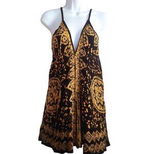 Beleza Indiana Black/Gold Baby Doll Boho Empire Waist Hippie Retro Dress S